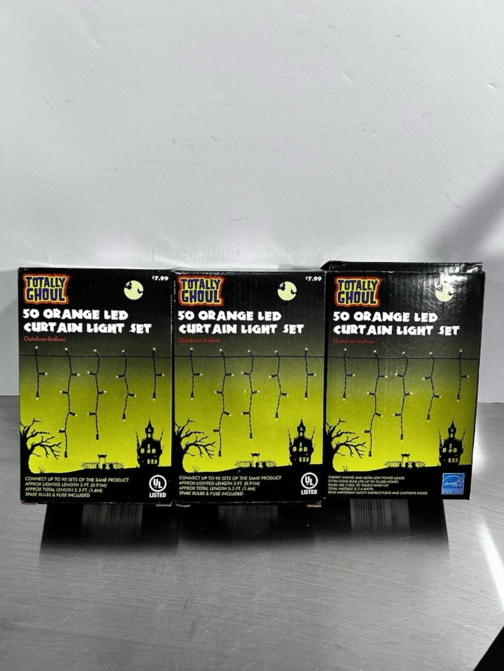 Vtg Set Of 3 90s Halloween LED 50 Bulb Orange Curtain Light Set Totally Ghoul
